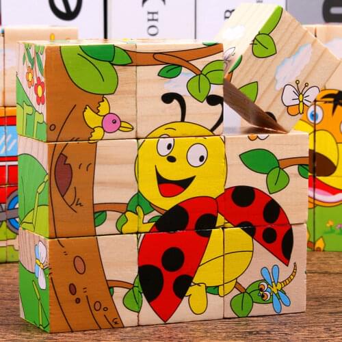 Baby Wooden Block Toys Children Six Side 3D Cube Jigsaw Games Animal Fruit Traffic Cognize Early Learning Educational Toys