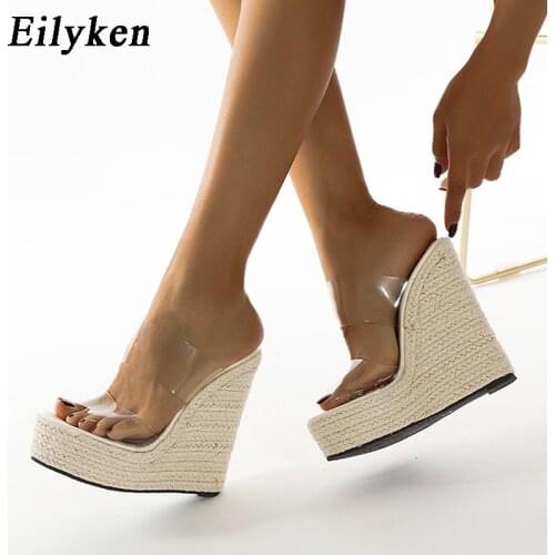Eilyken PVC Transparent Jelly Shoes Fashion Grass Weaving Thick Bottoms Womens Slippers Wedges High Heels Platform Sandals