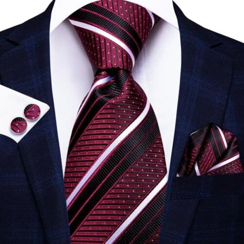 Hi-Tie Burgundy Black Striped Silk Wedding Tie For Men Handky Cufflink Fashion Design Nicktie For Men Business Party Dropship