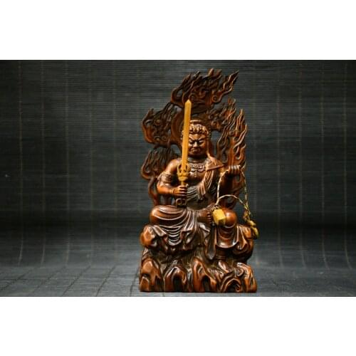 6"China Lucky Old Boxwood Hand-carved Fudo Mingwang Buddha statue Aryaacalanatha Office Ornaments Town House Exorcism