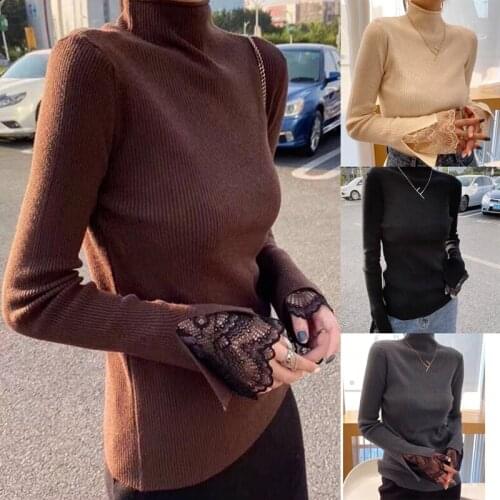 Korean Half Turtleneck Sweater Womens Slim Long Sleeve Stitching Lace Knit Base Shirt One Size