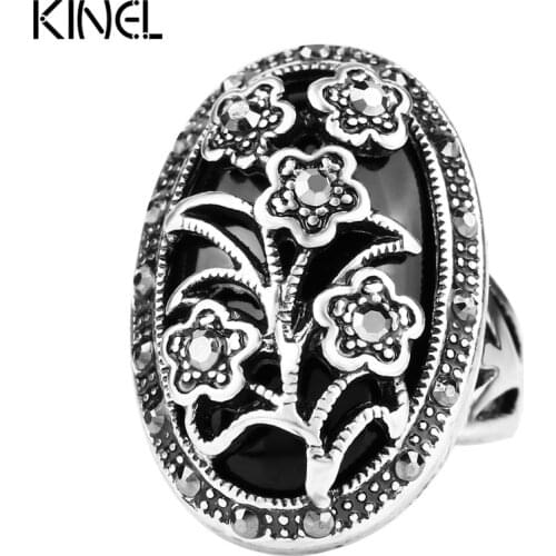 Fashion Retro Jewelry Silver Color Unique Vintage Crystal Flower Black Rings For Women Hot