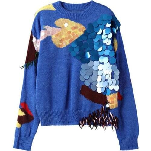 Fashion Sequin Blue Pullover Women Sweater Casual O-Neck Long Sleeve Knit Jumper Tops
