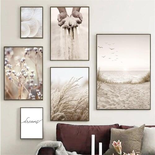 Beach Reed Birds Landscape Canvas Poster Mushroom Grains Of Sand Wall Art Print Nature Painting Nordic Wall Pictures Home Decor