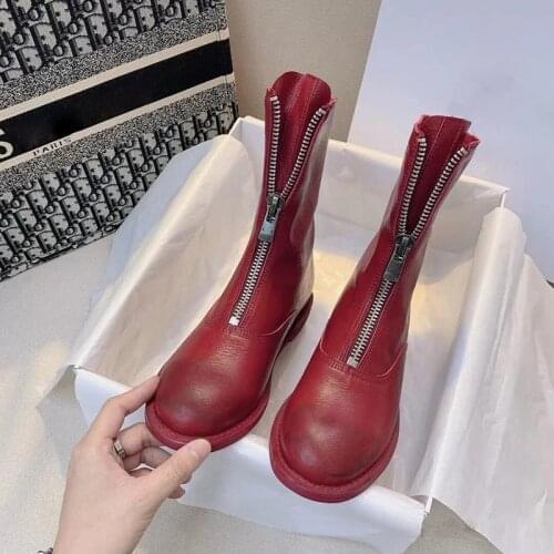 2021 New Womens Boots Martin Boots British Style Front Zip Booties Mid-Calf Skinny Boots