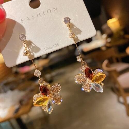 New Sweet Korean Fashion Flower Leaf Colorful Cubic Zirconia Drop Earrings For Women Romantic Brides Jewelry Gift