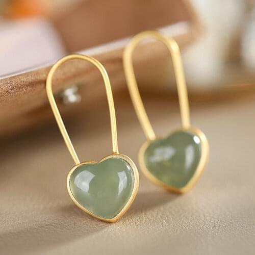 New silver inlaid natural Hetian jade heart-shaped ear hooks Chinese retro romantic small fresh fairy cute womens brand jewelry