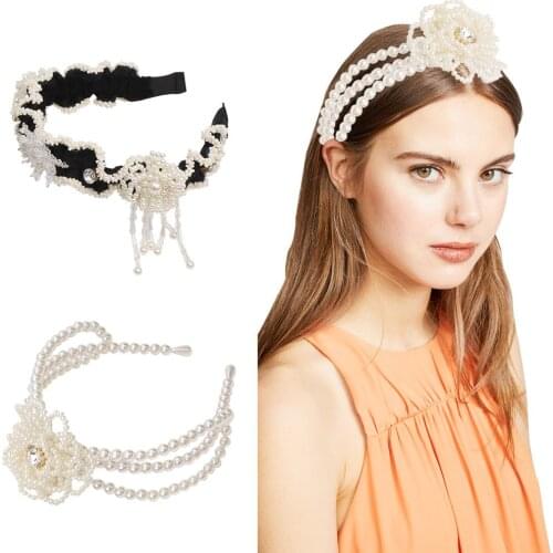 Xugar Wide Hairband Bezel Pearl Flower Hair Bands For Women Handmade Headband Girls Rhinestone Hair Band Hoop Hair Accessories