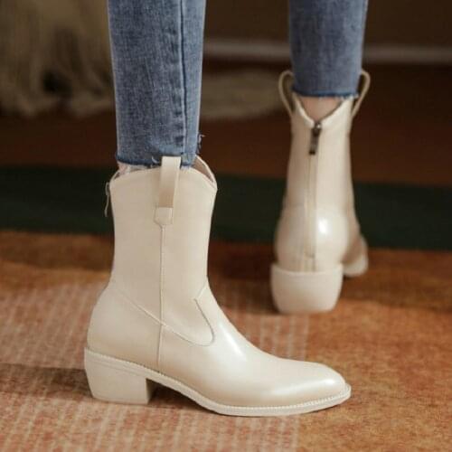 ZawsThia Dropshipping Handmade Pointed Toe Chunky Heeled Woman Shoes Winter Warm Fleece Inside Chelsea Ankle Boots For Women