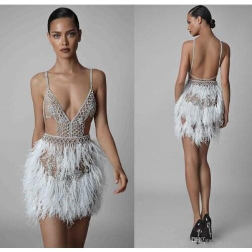 Luxury Feather Short Evening Dresses 2021 Sexy Deep V Neck Backless Beaded Crystal Prom Dress Spaghetti Strap Formal Party