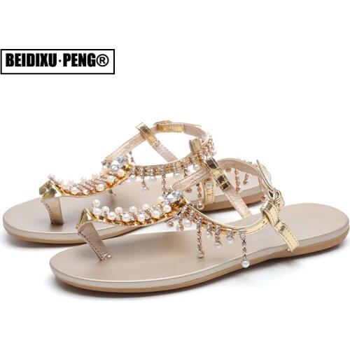 Ladies Flats Sandals Rhinestone Pearls Fringed T-Strap Summer Peep Toe Flip Flops Bohemia Women Casual Beach Slippers Rome Shoes