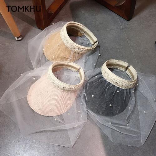 Best Lace Pearl Empty Top Sun Hats Visor For Women Outdoor Holiday Visors 2020 New Summer Straw Viseira Hat Casquette Femme Ete