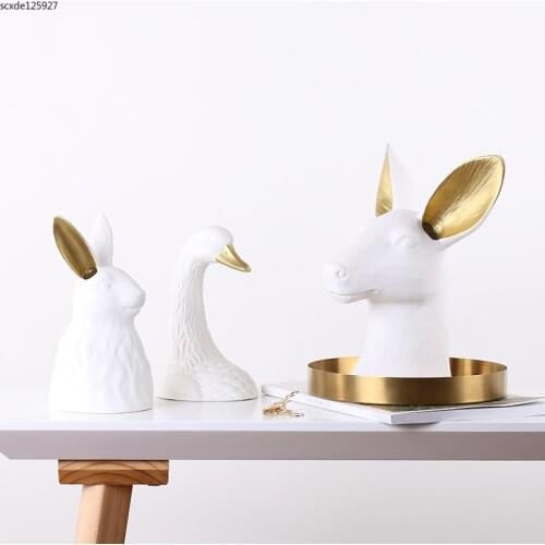 Modern Ceramic Animal Head Sculpture Cute Deer Rabbit Goose Bust Statue Exquisite Handicraft Living Room Decoration Wedding Gift