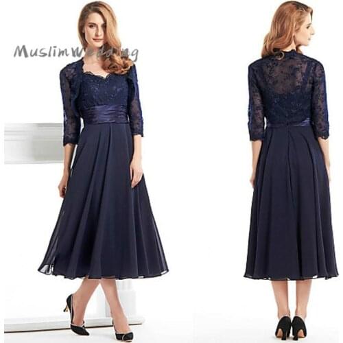 Stylish Navy Blue Mother Of The Bride Dresses With Lace Jacket Tea Length Chiffon Beach Wedding Guest Dress 2020 Chic Evening