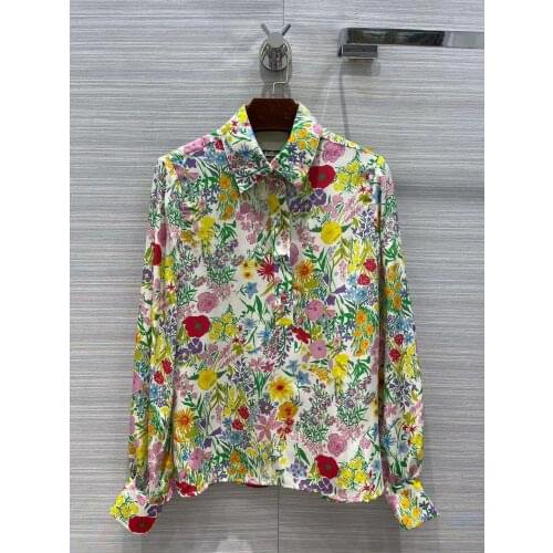 Fashion Womens Silk Blouses 2021 Runway Luxury Flowers Print European Design Turn Down Collar Single Breasted Clothing