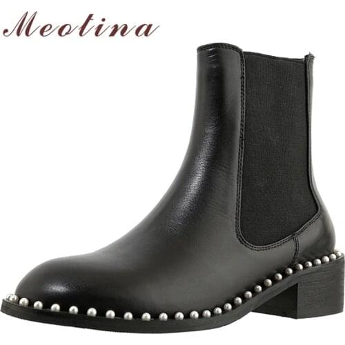 Meotina Women Genuine Leather Chelsea Boots Thick Med Heel Round Toe Ankle Boots String Bead Ladies Boots Autumn Winter Black 43