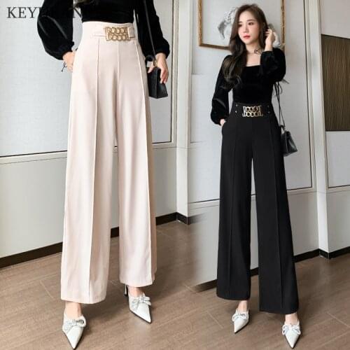 Women Summer Wide Leg Pants 2021 New High Waist Fashion Casual Straight Long Pants Office Ladies Basic Trousers Apricot Black