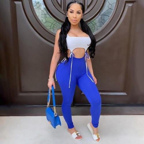 Adogirl Women Sexy Lace Up Hit Color Jumpsuit Sleeveless Hollow Out Patchwork Romper 2020 Summer Elastic Bodysuits Streetwear