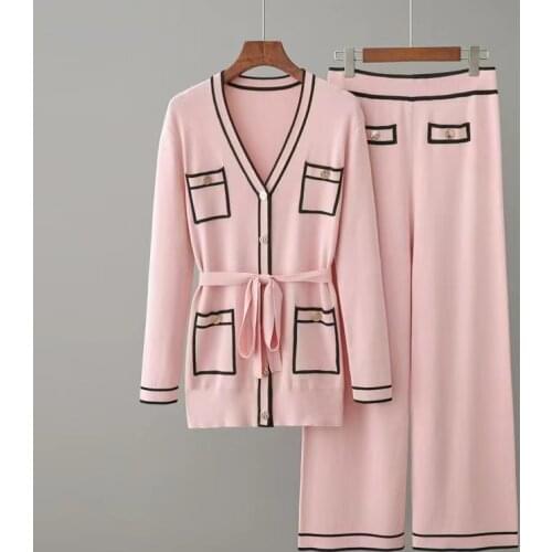 Autumn Winter Knitted Two Piece Set Women V-neck Long Sleeve Sweater Cardigan Coat + Wide Leg Pant Suits Casual 2 Piece Sets