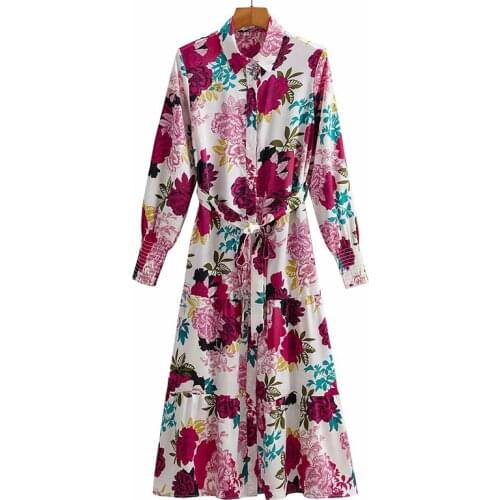 YENKYE Vintage Multicolor Floral Print Long Shirt Dress Women Lapel Collar With Belt Loose Casual Dress Female Autumn Vestido