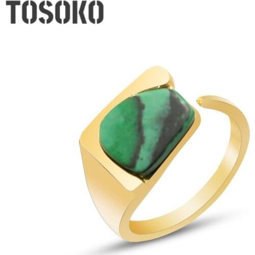 TOSOKO Stainless Steel Jewelry Natural Green Malachite Stone Ring Female Ring Open Index Ring Retro Elegant Ring BSA128