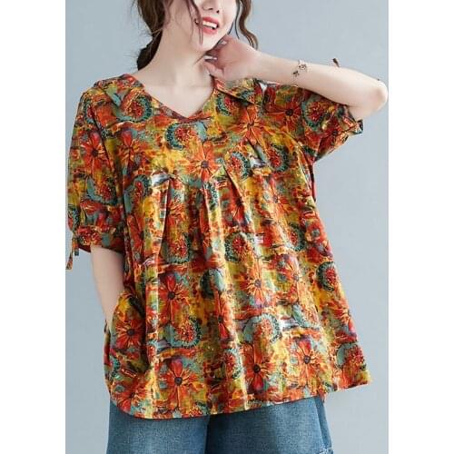 OverSized Women Cotton Linen Loose Casual Blouses New Arrival 2021 Summer Vintage Style V-neck Print Female Tops Shirts S3540