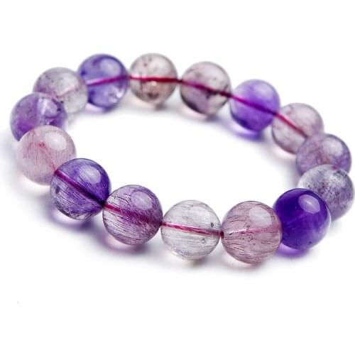 Natural Purple Rutilated Quartz Bracelets Woman Lady Stretch 15mm Crystal Round Bead Natural Super Seven Bracelet Melody Stone