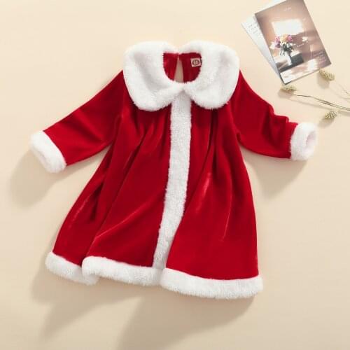 Newest Arrival Kids Girls Sweet Christmas Dress Toddler Coral Fleece Splicing Color Peter Pan Neck Long Sleeves Casual Dresses
