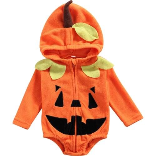 Baby Girls Halloween Romper, Orange Pumpkin Shaped Long Sleeve Hooded Jumpsuits Spring Autumn