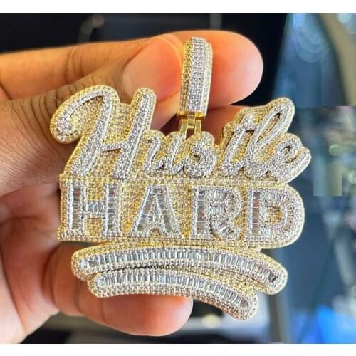 Two Tone Rose Gold Color Micro Pave CZ Hustle Hard Pendant Necklace Iced Out Bling 2021 New Men Boy Cool Ice Jewelry