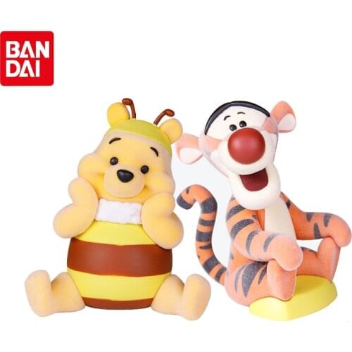 Bandai Genuine Disney Flocking Dolls Fluffy Puffy Pooh Bear Tiger Anime Action Figures Collect Model Toys Gifts For Children