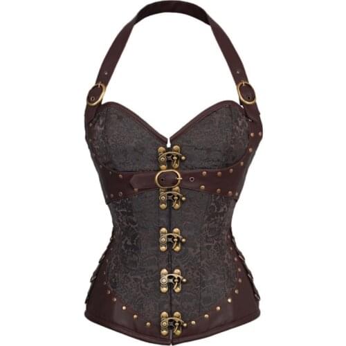 PU Leather 12 steel bone Corset Korset Overbust Steampunk Gothic Lace Up Corsets Top Bustier Brown Red Punk Goth Corselet Corset