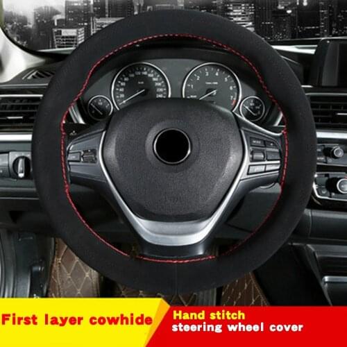 Frosted Top Layer Cowhide Wear-Resistant Non-Slip Black Hand-Sewn Steering Wheel Cover Suitable For Most Models in The Market