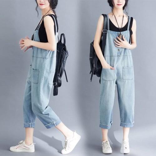 Summer Plus Size Denim Combinaison Femme Pure Color Thin Jumpsuits High Waist Overalls For Women Fashion Casual Cropped Pants