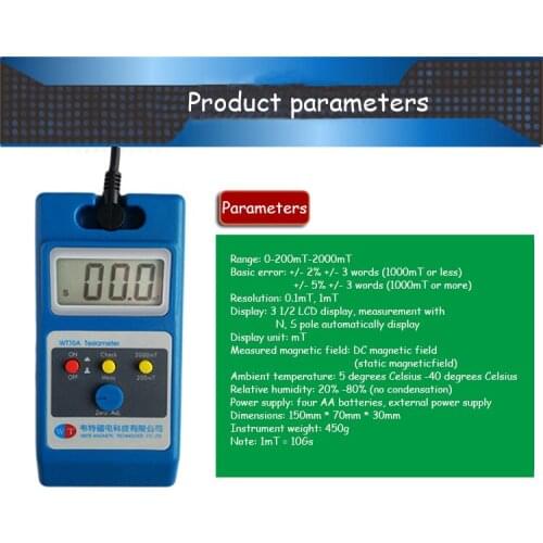 WT10A Magnetometer Surface Magnetic Field Tester Gaussmeter Gigital Gauss Meter Tesla 0~2000mT Fluxmeter Ns function With Probe