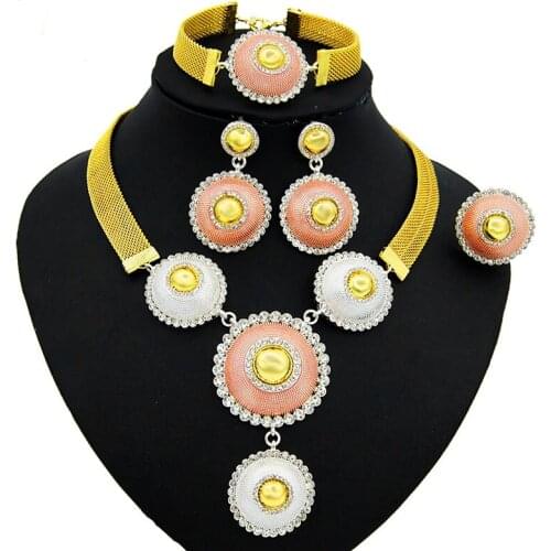 Yulaili Trendy Tricolor Round Shape Crystal Pendant Necklace Earrings Charm Bracelet Ring Dubai Gold Jewelry Sets Free Shipping