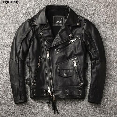 2020 mens punk rivet motorcycle Diagonal zipper moto biker cow leather coat men slim fit rider jacket male