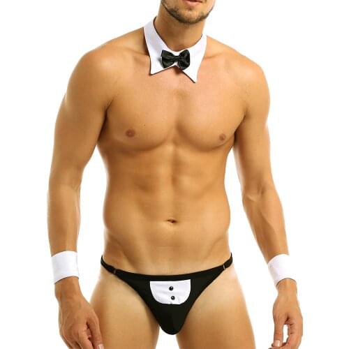 Mens Butler Waiter Lingerie Suit Swimsuits Open Back Tuxedo G-string Thong Bikini Underwear with Bow Tie Collar and Bracelets