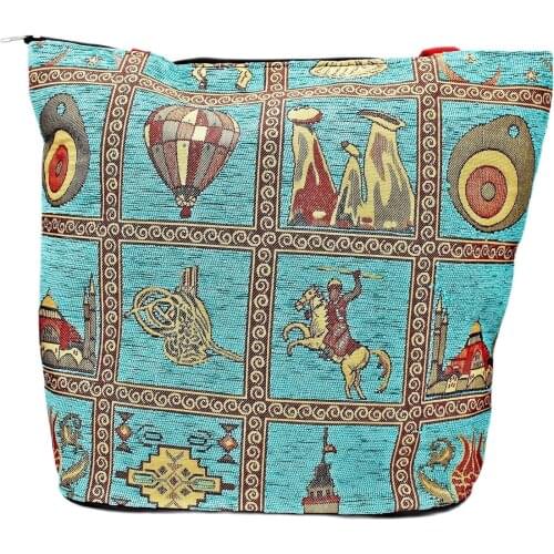 Authentic Anatolian Traditional Turkish Motifs and Figures Shoulder Tote Bag Zipper Beach Bag From Premium Fabric for Women Tote