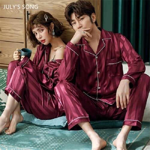 JULYS SONG Couple Satin Pajamas Set Stripe Faux Silk 2 Pieces Set Spring Autumn Simple Sleepwear For Male Female Ladies Pyjama