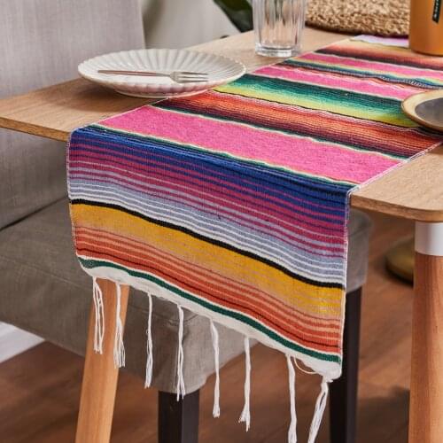 35*213cm Mexican Style Rainbow Striped Table Runner Tablecloth Rustic Wedding Party Banquet Decoration Home Textiles