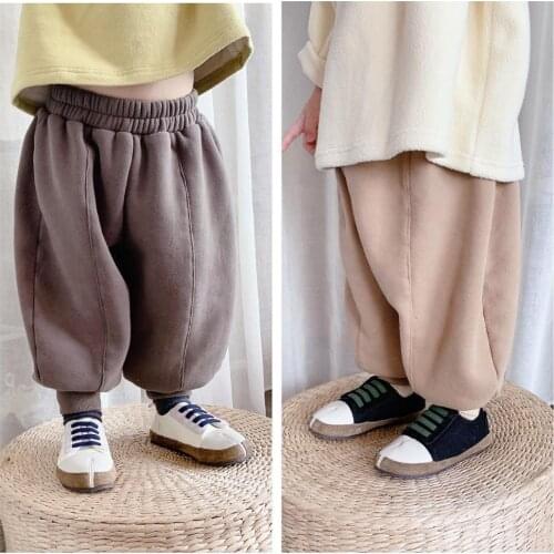 Grey Khaki Trousers Children Baby Boys Girls Pants Autumn Spring Warm Toddler Thicken Plus Velvet Kids Pocket 2021 High Quality
