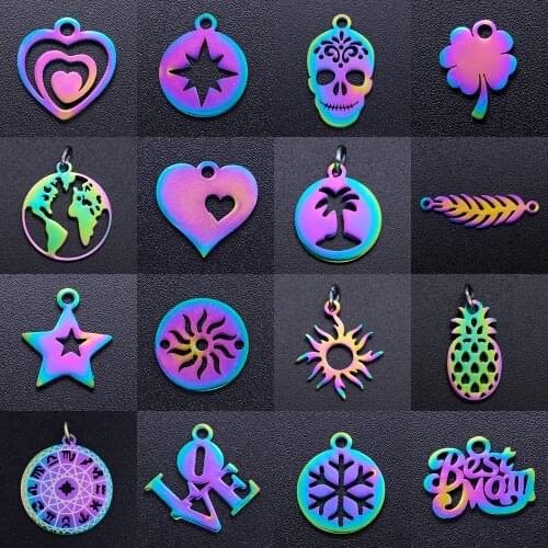 5pcs/lot Rainbow World Map DIY Charms Wholesale 100% Stainless Steel Sun Star Pendant Palm Tree Pineapple Heart Connectors Charm