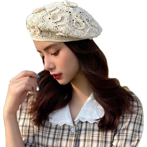 Spring and autumn versatile literary hollow out hook flower Beret elegant retro flower hand knitted hat womens summer