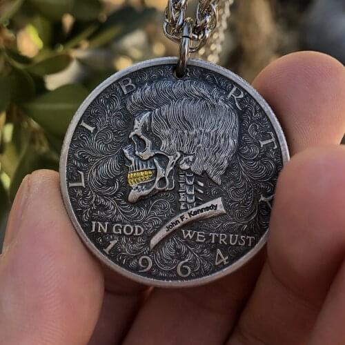 US Kennedy 1964 Hobo Skull Zombie Skeleton Badge Hand Carved Morgan Coin Necklace