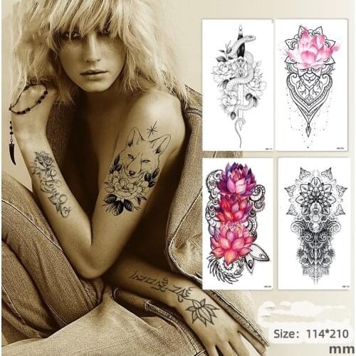 Waterproof Temporary Tattoo Sticker Snake Flower Rose Flash Tattoos Lace Fox Lion Tree Body Art Arm Fake Sleeve Tattoo Women