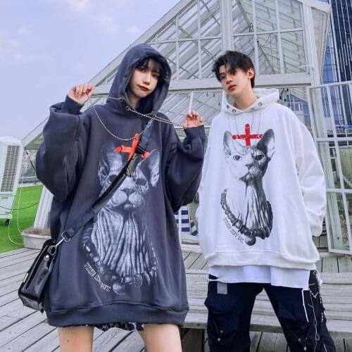 Y2K Vintage Gothic hairless cat print Hoodie ins hip hop autumn winter Plush loose lovers
