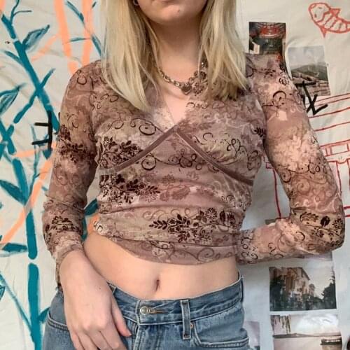 2021 Fashion Sexy Vintage Print Women T-Shirt Long Sleeve V Neck Slim Fit Crop Top Spring Autumn Retro Boho Casual Short Tee