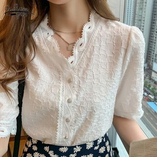 Vintage Lace with Button Ladys Top Short Sleeve Summer New Puff Sleeve White V-Collar Chiffon Blouse Slim Cardigan Shirts 10051