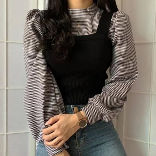 2020 Fahsion Suits Elegant Lantern Long Sleeve Half Turtleneck Pullover Blouse+ Slim Knitted Short Vest Women Sets